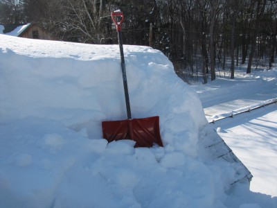deep snow on the roof, with the shovel for scale