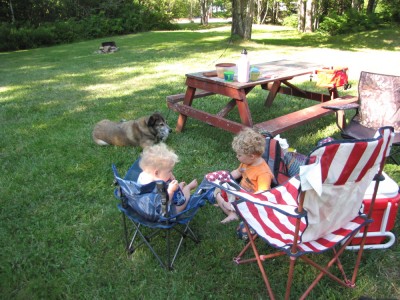 Zion and Harvey sitting on camp chairs, Rascal on the ground