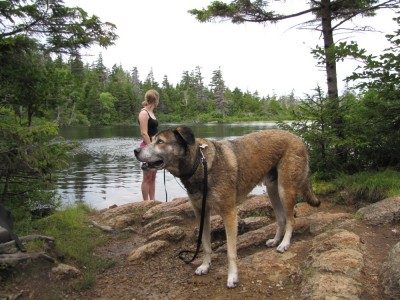 Rascal and Becca in front of Sargent Pond