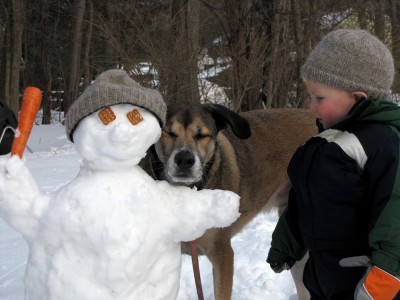 Harvey and Rascal with our snowman