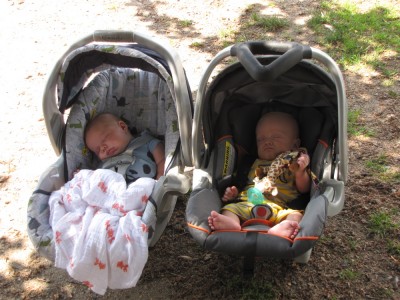 Zion and his friend Nathan sleeping outside in their carseats