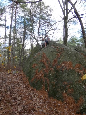 Zion and Elijah atop a boulder in the woods