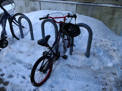 Harvey's bike in a snowy bike rack