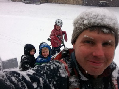 the boys and I snow-covered on bikes