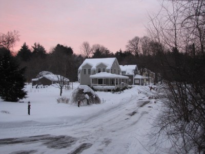 our snowy yard at sunrise