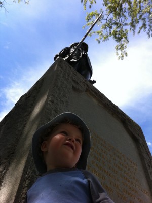 Harvey beneath the Concord Minuteman statue