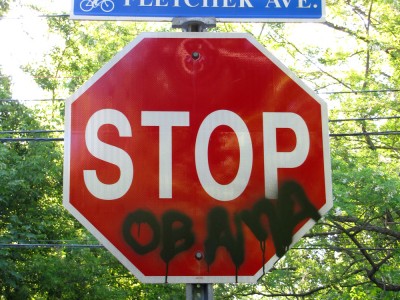 anti-Obama grafitti on a stop sign