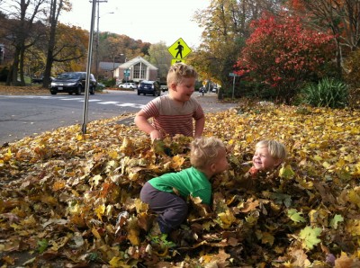 the three boys playing in a leaf pile on the sidewalk of a busy road