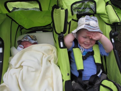 Harvey and Zion in the double stroller