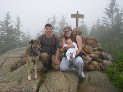 the four of us atop South Bubble in the fog