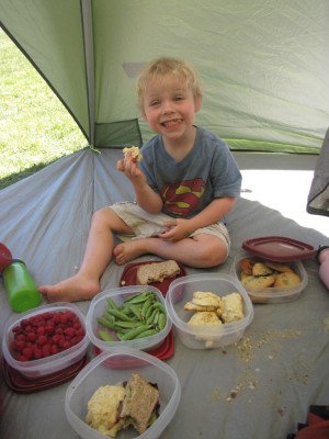 picnic in the tent: Zion with our nice array of food