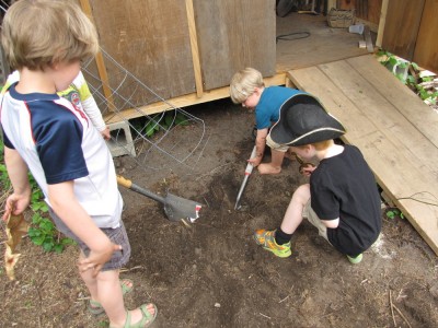 Zion and friends digging by the shed