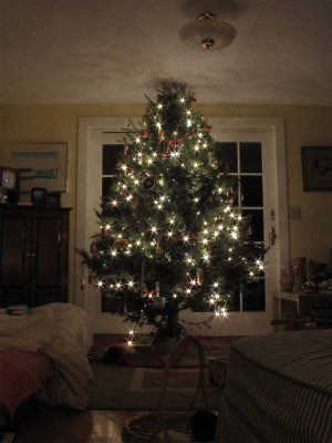 the mostly-decorated Christmas tree