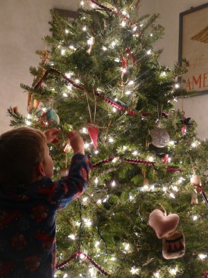 Lijah reaching to hang an ornament on the Christmas tree