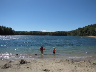 the boys looking at the choppy surface of Walden pond