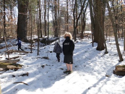 the boys walking in the snowy woods... Harvey wearing shorts