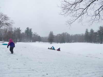 the kids sledding in the misty drizzle