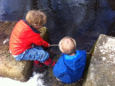 Harvey and Zion poking sticks into the creek