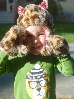 Lijah in his leopard hat and mittens