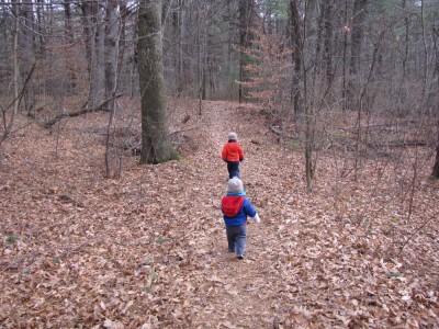 Harvey and Zion walking on a leaf-covered woodsy path