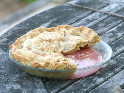 a rhubarb pie on the table
