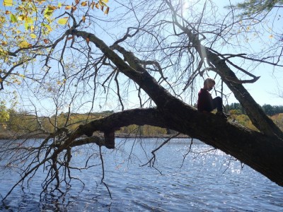 Lijah in a tree above the river