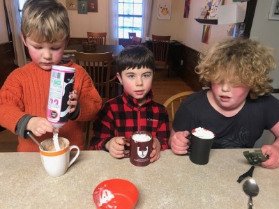 Lijah, Matthew, and Harvey enjoying hot cocoa
