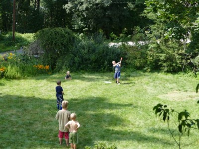 the boys playing baseball in the yard with the neighbor kids