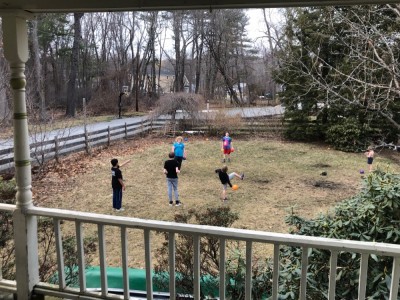 kids playing dodgeball in our yard