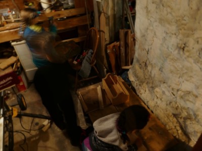 the kids woodworking in the basement