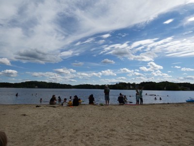 a crowd of homeschool kids and parents at Freeman Lake