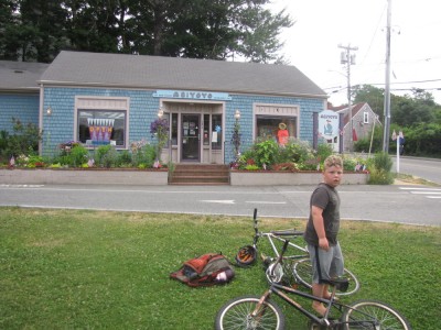 Harvey with the bikes outside of a toy store in Welfleet