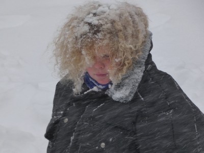 Harvey in the blizzard with lots of snow in his hair
