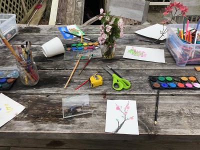 the outside table after a blossom-painting art project