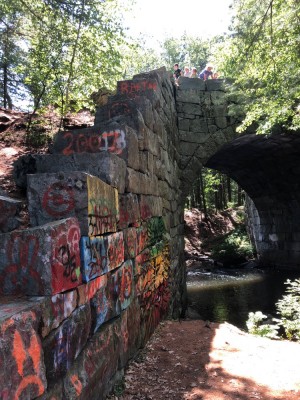 the boys and friends atop a big grafitti'd stone bridge arch in the woods