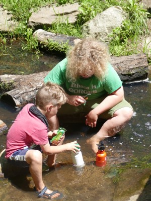 Harvey and Elijah cooling themselves and their water bottles in a brook