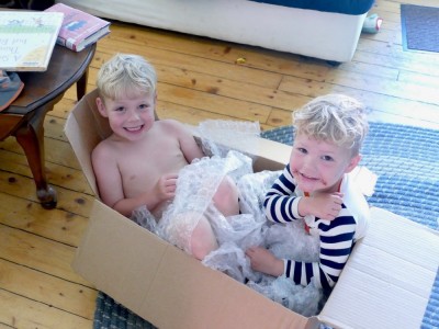 Zion and Lijah sitting in a box with bubblewrap around them