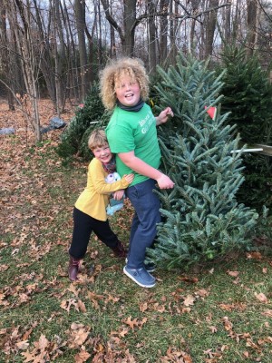 Harvey and Elijah being silly holding up a tree for inspection