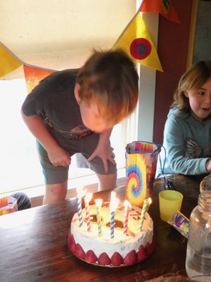 Elijah blowing out the candles on his cake with a friend looking on