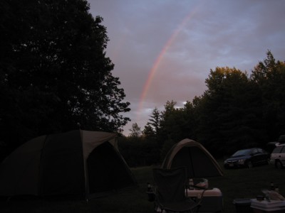 a rainbow over our tents at dusk