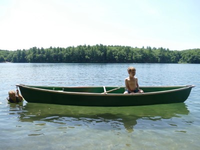 Zion towing the canoe with Lijah in it