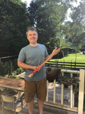 me holding a giant stalk of rhubarb