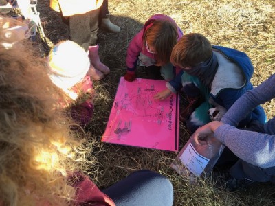 kids gathered around a diagram of a chicken