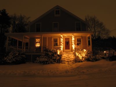 our house lit up for Christmas