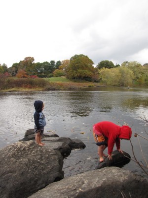 the boys climbing on rocks by the river