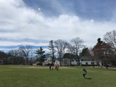 kids flying kites on a playing field