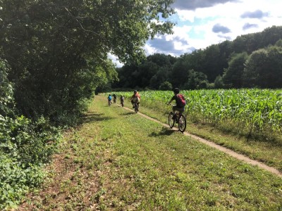 the boys and friends riding on a dusty trail by a cornfield