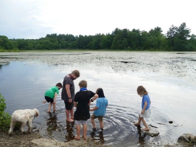the boys and friends wading at the edge of a broad pond