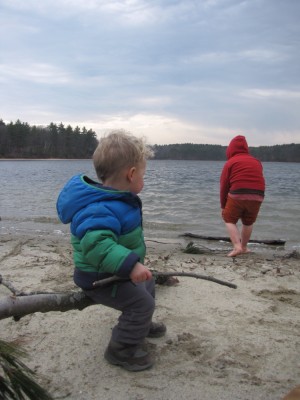 Lijah sitting on a tree branch, watching Harvey wade in the water