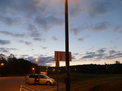 our car paused at a Connecticut rest stop at dawn